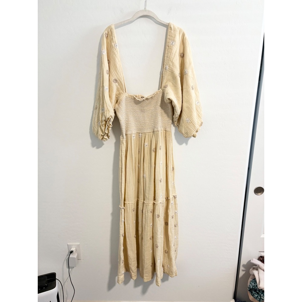 Free People Dahlia Midi Dress Yellow Embroidered Smocked Puff Sleeve Medium - Picture 4 of 6